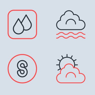 Sis ve bulut hattı, güneye pusula, güneş havası ve su bırakma ikonu. Vektör