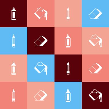 Kalem, boya kovası, silgi ve silgiyle kalem ya da plastik ikon ayarla. Vektör