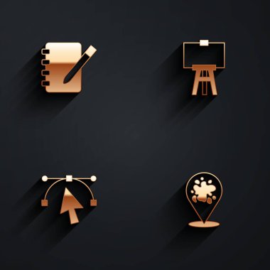 Not Defteri, tahta sehpası, Bezier eğrisi ve uzun gölgeli boya spreyi ikonu. Vektör