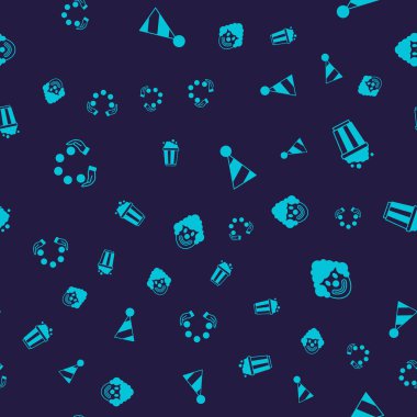 Hokkabazlık topu, patlamış mısır karton kutu, parti şapkası ve palyaço kafası kusursuz desenli. Vektör