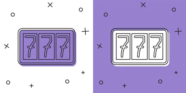 Установите Игровой Автомат Иконкой Счастливые Семёрки Выделенной Белом Фиолетовом Фоне — стоковый вектор