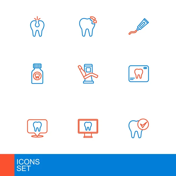 Definir Linha Dente Cuidados Dentários Line Localização Clínica Dentária Raio — Vetor de Stock