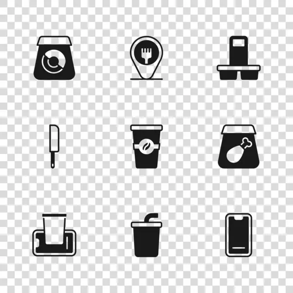 集纸杯与水 在线点餐 食物在移动 咖啡杯去 咖啡店和餐厅位置及刀具图标 — 图库矢量图片