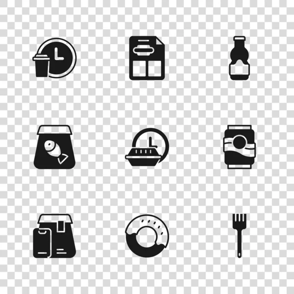 集多努特 苏打水 全天候送货 酱汁瓶 餐厅菜单和网上点鱼图标 — 图库矢量图片