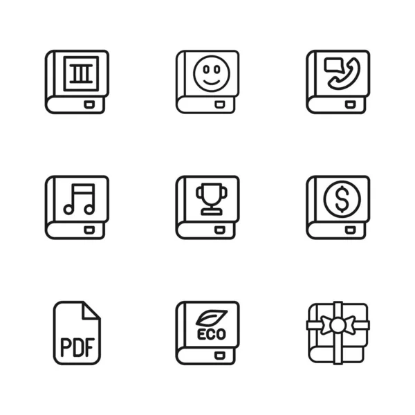 Set Line Book Ecology Financial Book Gift Phone Audio Icon — Stock Vector