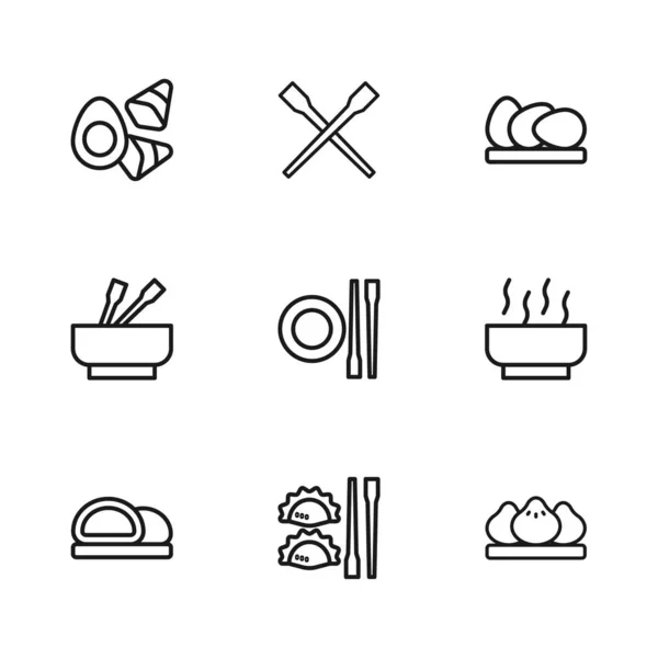 设置直线饺子与筷子 拉面汤碗 食物盘 和亚洲面条图标 — 图库矢量图片