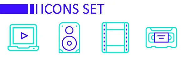 设置线Vhs盒式磁带 立体声扬声器和在线播放图标 — 图库矢量图片