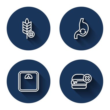 Glütensiz tahıl, mide sağlığı, banyo terazisi ve uzun gölgeli hamburger yok. Mavi daire düğmesi. Vektör