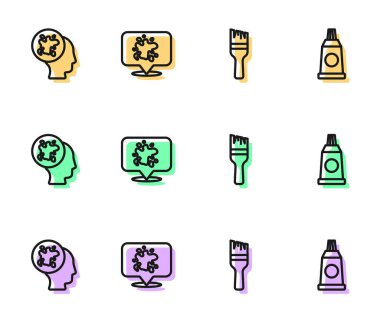 Boya fırçası, sprey ve boya paleti ikonlu tüp yerleştirin. Vektör