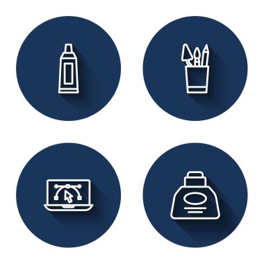 Boya paleti, kalem kutusu kırtasiyesi, bilgisayar tasarım programı ve uzun gölgeli Inkwell ile çizgi tübü ayarlayın. Mavi daire düğmesi. Vektör