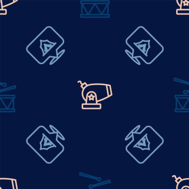 Bateri davul sopaları, sirk çadırı ve topları kusursuz desenlere ayarlayın. Vektör