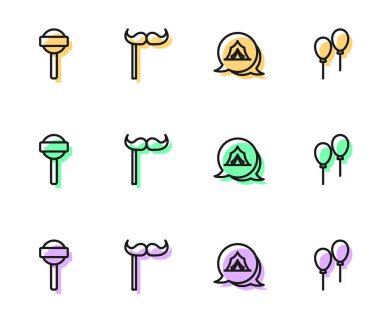 Sirk çadırı, lolipop, çubukta kağıt bıyık ve kurdele ikonlu balonlar. Vektör