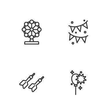 Şeritli Balonlar, Dart oku, dönme dolap ve karnaval çelengi ikonu. Vektör