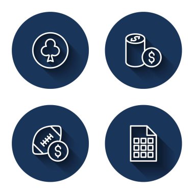 Set çizgisi kulüp sembollü oyun kartı, kumarhane fişi dolar, Amerikan futbolu bahis parası ve uzun gölgeli piyango bileti. Mavi daire düğmesi. Vektör