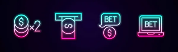 设置线赌场芯片与美元 自动取款机和钱 以及在线体育赌博 发光的霓虹灯图标 — 图库矢量图片