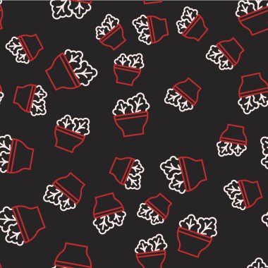 Tabak ikonundaki çizgi salatası siyah arkaplandaki kusursuz deseni izole etti. Taze sebze salatası. Sağlıklı beslenme. Vektör