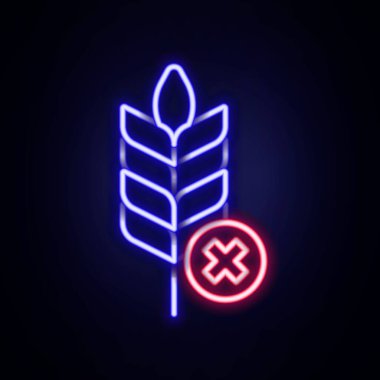 Parlayan neon hattı Gluten serbest tahıl ikonu tuğla duvar arka planında izole edildi. Buğday işareti yok. Yiyecek hoşgörüsüzlüğü sembolleri. Renkli taslak konsepti. Vektör