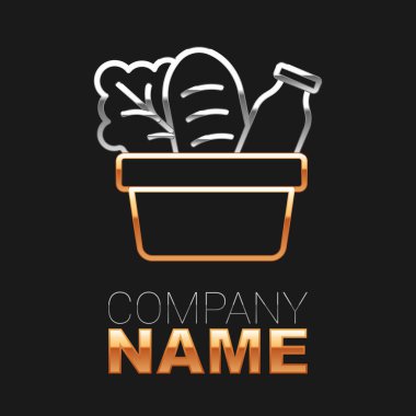 Çizgi kâğıt alışveriş torbası ve yiyecek ikonu siyah arka planda izole edilmiş. Yiyecek dükkanı, süpermarket. Renkli taslak konsepti. Vektör