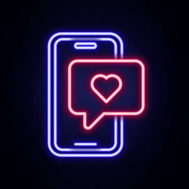 Parlayan neon hattı kalp emoji konuşma baloncuklu akıllı telefon, duvardaki izole ekran simgesine mesaj gönder. Sevgililer Günü. Renkli taslak konsepti. Vektör
