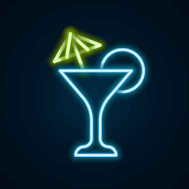 Parlayan neon hattı Martini cam ikonu siyah arka planda izole edildi. Kokteyl ikonu. Şarap kadehi ikonu. Renkli taslak konsepti. Vektör