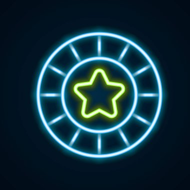 Parlayan neon hattı kumarhane çipleri simgesi siyah arkaplanda izole edildi. Kumarhane kumarı. Renkli taslak konsepti. Vektör