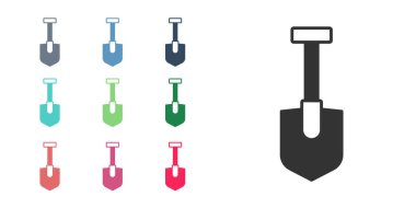 Beyaz arkaplanda siyah kürek simgesi izole edildi. Bahçe aletleri. Bahçecilik, tarım, çiftçilik aleti. Simgeleri renklendirin. Vektör