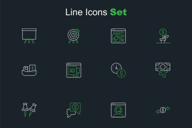 Hat değişimi, telefon desteği, iş görüşmeleri, raptiye, kağıt para yığını, zaman, reklam ve kutu teslim ikonu olan kargo gemisi. Vektör