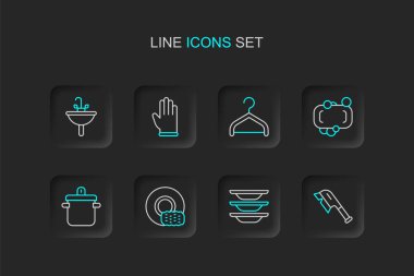 Temizlik, bulaşık, tencere, sabun, gardırop, lastik eldiven ve lavabo ikonu için sıra fırçası. Vektör