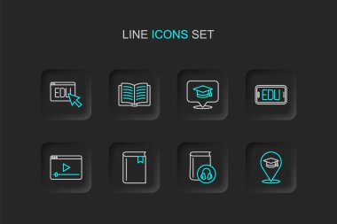 Çevrimiçi eğitim, Ses kitabı, Kitap, oyun videosu, mezuniyet konuşma balonu, Açık ve ikon. Vektör