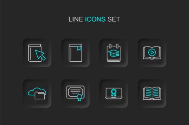 Açık Defter, Diplomalı Online eğitim, Sertifika şablonu, Bulut veya çevrimiçi kütüphane, Ses, Kitap ve simge ayarlayın. Vektör