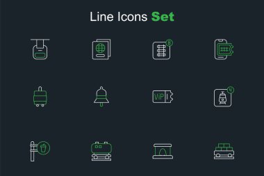 Kargo treni vagonu, tren tüneli, petrol demiryolu sarnıcı, kafe ve restoran konumu, online bilet rezervasyonu, tren istasyonu zili ve çanta ikonu. Vektör