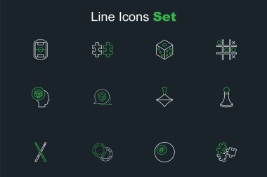 Çizgili bulmaca parçaları oyuncağı, bilardo topu, kumarhane fişleri çapraz bilardo ıstakaları, satranç piyonu, Whirligig, zar oyunu ve ikon. Vektör