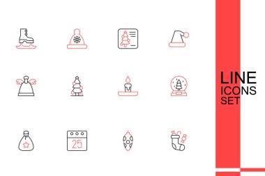 Noel çorabı, oyuncak, günlük takvim, Noel Baba çantası hediyesi, kar küresi, yanan mum, ağaç ve melek ikonu. Vektör