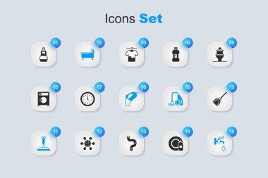 Bulaşık şişesi ve tabağı, saati, küveti, pencereler için lastik temizleyiciyi, musluğu, faraş, sıvı ve portatif süpürge ikonunu hazırla. Vektör
