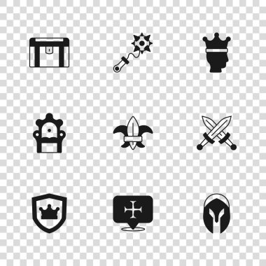 Set Haçlı Seferi, Orta Çağ kılıcı, Ortaçağ miğferi, Zambak çiçeği, Kral tacı, Antik hazine sandığı, dikenli topuz ve taht ikonu. Vektör