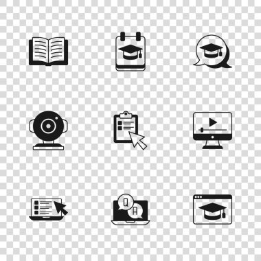Question and answer, Online play video, education, quiz, test, survey, Graduation cap speech baloncuğu, Open book ve web kamera ikonu. Vektör