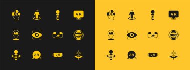 Sanal gerçeklik, Artırılmış AR, 360 derecelik görüş, gözlük, elektronik göz, VR kontrol oyunu ve 3D modelleme ikonu. Vektör