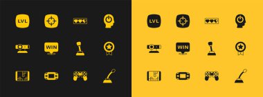 Güç düğmesini ayarla, taşınabilir video oyun konsolu, vites kolu, oyun kumandası joystick, madalya, yaşam çubuğu, seviye ve hedef spor simgesi. Vektör