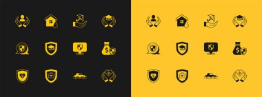 Eğitim ödeneği, rozetli çanta, konum, sel arabası, mezuniyet şapkası, elinde şemsiye, hayat sigortası ve ev sel ikonu. Vektör