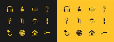 Koruyucu eldivenler, ağaç halkaları, kütük, köpek kulübesi, metal tırnaklar, tahta kütük, kulaklık ve ikon. Vektör