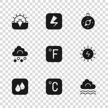 Celsius, Güneş enerjisi paneli, sis ve bulut, Fahrenheit, pusula, Sunset, Şimşek şimşeği ve dolu ikonu. Vektör