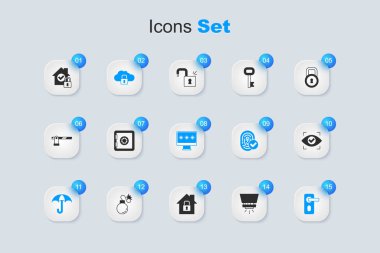 Yangın söndürme sistemini, Güvenli, Bulut bilgisayar kilidini, Umbrella 'yı, parmak izi kapısını, göz taramasını, koruma altındaki evi ve şifre ikonlu monitörü ayarla. Vektör