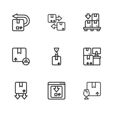 Online uygulama dağıtım takibi, kutularla dolu depo, kırılgan paket içeriği, Crane karton, karton palet, geri dönüş, trafik sembolü ve karton simgesi. Vektör