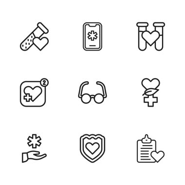 Bağışıklık sistemini, Ethnoscience 'ı, hasta kayıtlarını, gözlüğü, kan testi tüpünü, 911' i ve mobil kalp atış hızı ikonunu ayarla. Vektör
