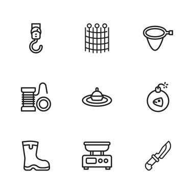 Elektronik pullar, Bomba, Bıçak, Balıkçılık su, ağ, bahar, şablon ve balık ikonu için dönen makarayı ayarlayın. Vektör