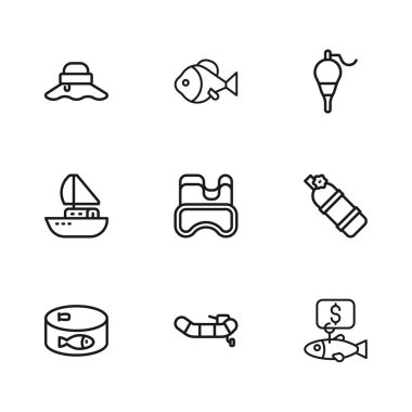 Motorlu şişirilebilir tekne, Aqualung, balık etiketi, dalış maskesi, balıkçı şamandırası, balıkçı şapkası ve yat teknesi ikonu. Vektör