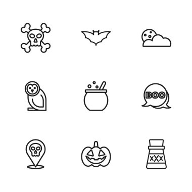 Balkabağı, Boo konuşma balonu, iksirli şişe, cadılar bayramı cadı kazanı, ay ve yıldızlar, Kurukafa çapraz kemikleri, uçan yarasa ve baykuş ikonu. Vektör