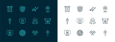 Haçlı Seferi, yuvarlak ahşap kalkan, ortaçağ miğferi çapraz ortaçağ baltaları, kral tacı, oklar, bayrak ve kalkan ikonu. Vektör