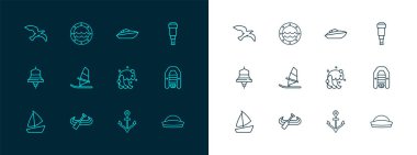 Spyglass teleskop lensleri, kano ve kürek, tsunami, dayanak noktası, rüzgar sörfü, sürat teknesi, kuş martı ve sandal simgesi. Vektör