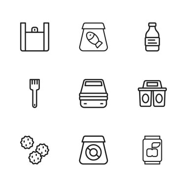 İnternetten yemek siparişi vermek, kahve fincanı, soda kutusu, beslenme çantası, şişe su, balık ve çatal ikonu. Vektör